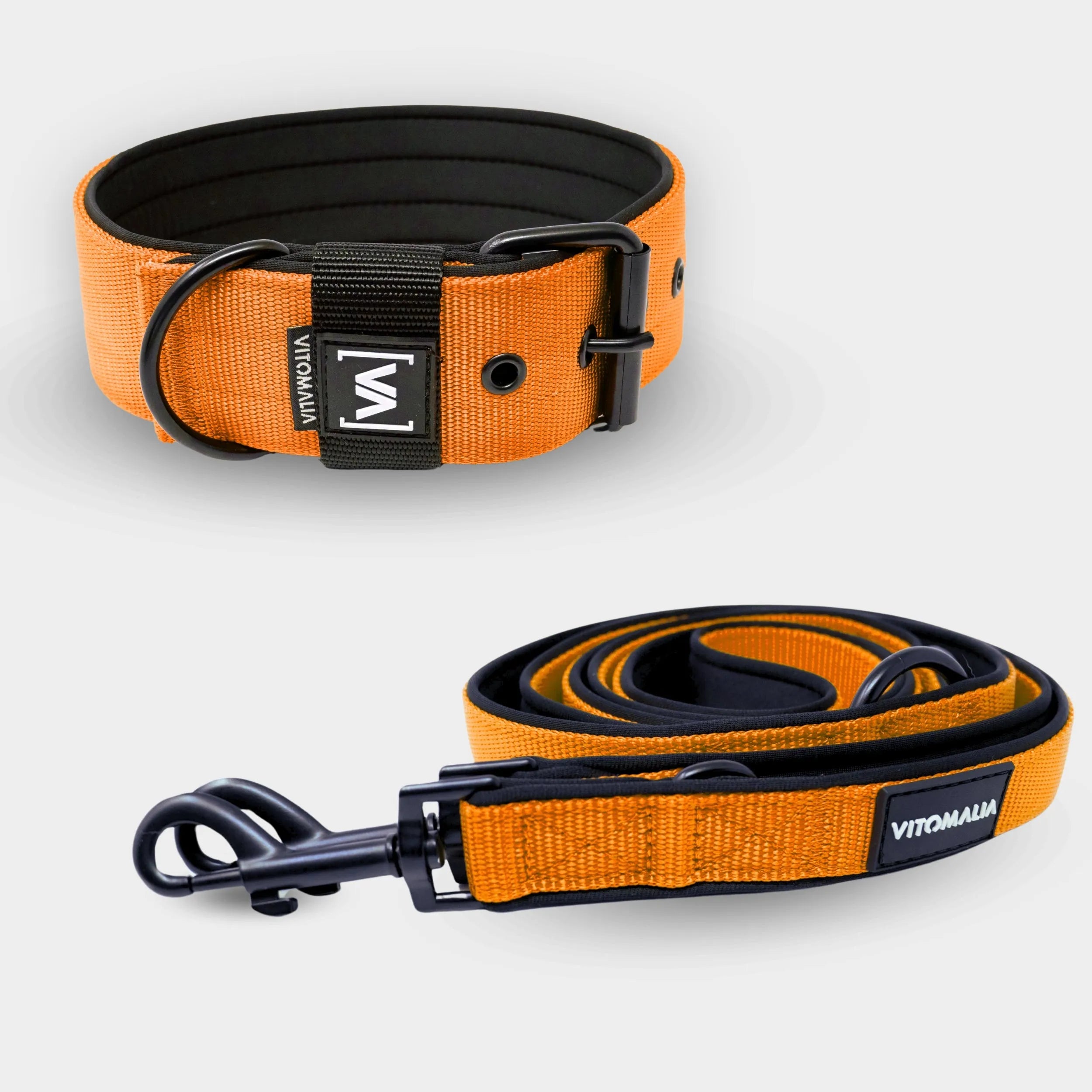 Bundle Classic Nero Edition Orange Set - Collar + Correa para perro ajustable triple de 2,2 m