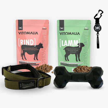 Bundle Training & Walking Set - Bone, Snacks, Retractable Dog Whistle & Khaki Moxon Lead