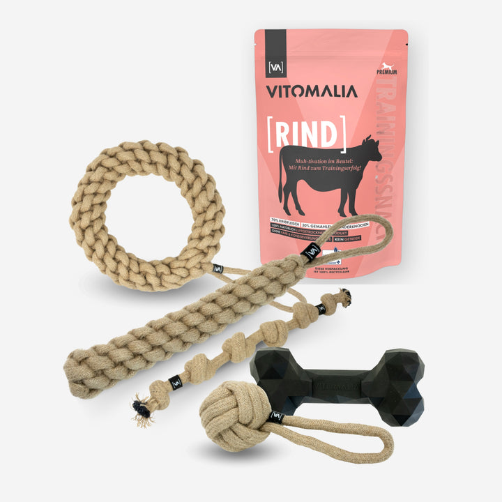 Bundle Natural Hemp Tug & Retrieve Toy + Extreme Bone & Snacks de entrenamiento Beef - S